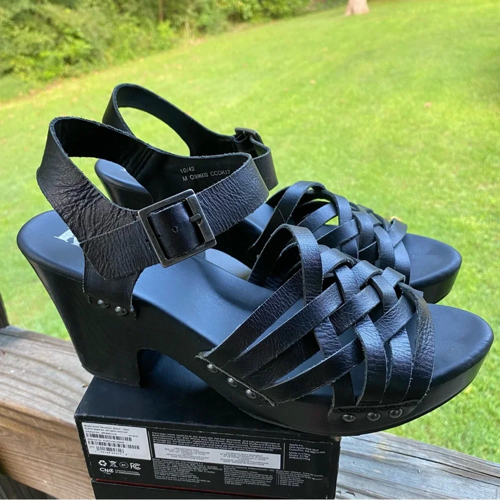 ✅ Korks Wooden Platform Wedge Heels Black Leather Strappy Womens‎ size 10